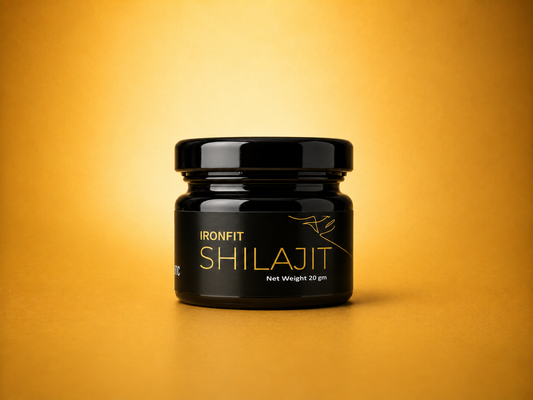 IronFit Shilajit Resin jar, pure Himalayan resin, on gold background