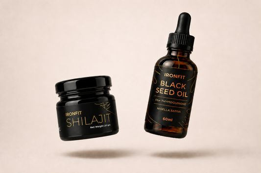 IronFit Shilajit Resin jar and Black Seed Oil bottle bundle